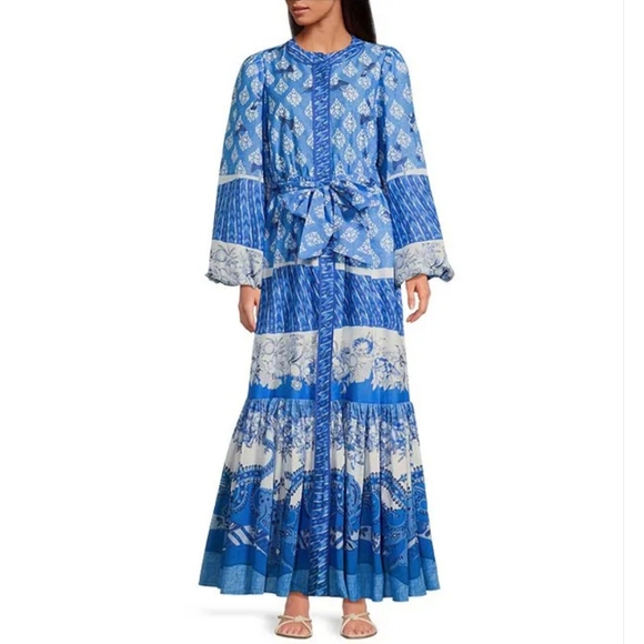 A Loves A Border Print Mandarin Collar Long Balloon Sleeve A-Line Maxi Dress - Picture 1 of 9